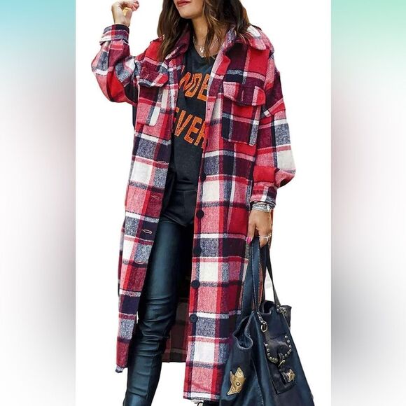 NWT Women's Blend Long Plaid Shirt Jacket Button Shacket Pocketed Flannel Coat - Picture 3 of 6
